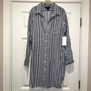 Karen Kane blue striped long sleeve roll tab button down shirt dress size L NWT